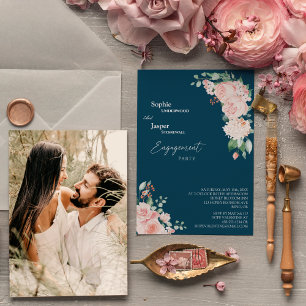 Blush Floral Navy Photo Engagement Party Kaart