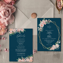 Blush Floral Navy Simple Monogram Details bruiloft Kaart