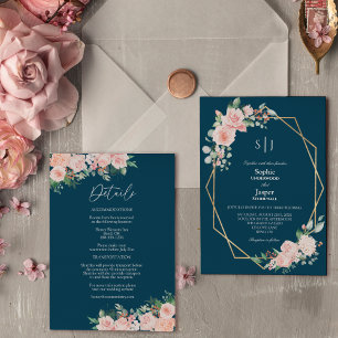 Blush Floral Navy Simple Monogram Details bruiloft Kaart