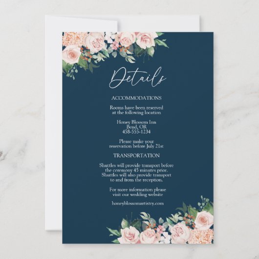 Blush Floral Navy Simple Monogram Details bruiloft Kaart (Achterkant)