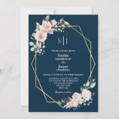 Blush Floral Navy Simple Monogram Foto Weduwschap Kaart (Voorkant)