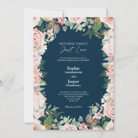 Blush Floral Navy Simple Niets Fancy Wedding Kaart (Voorkant)