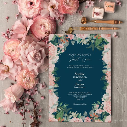 Blush Floral Navy Simple Niets Fancy Wedding Kaart