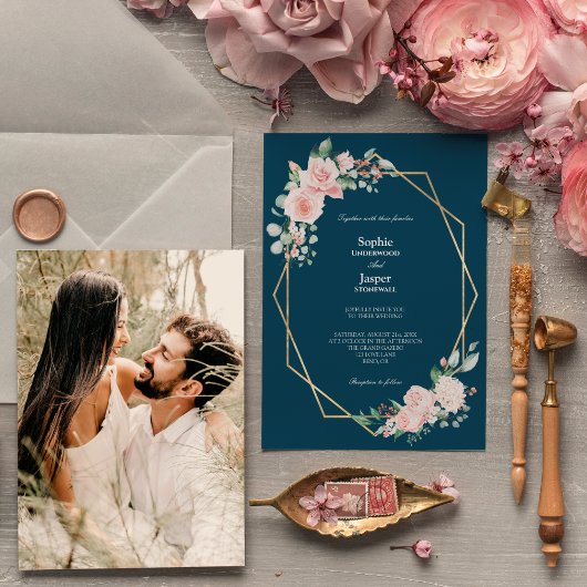Blush Floral Navy Simple Photo Weddenation Kaart