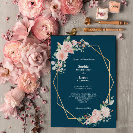 Blush Floral Navy Simple Wedding Invitation Kaart