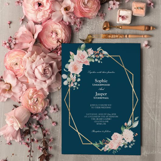 Blush Floral Navy Simple Wedding Invitation Kaart