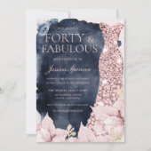 Blush Floral Navy Splash Gown 40e Verjaardagsfeest Kaart (Voorkant)