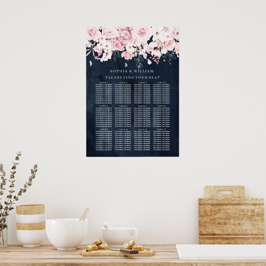Blush Floral & Navy Table Wedding Seating Chart Poster (Keuken)