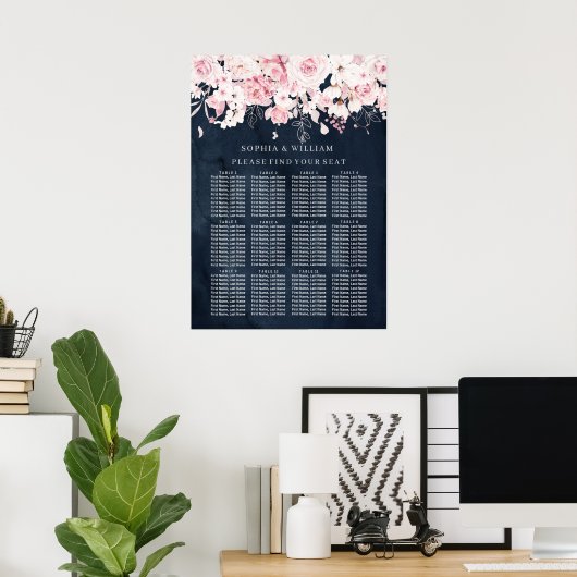 Blush Floral & Navy Table Wedding Seating Chart Poster (Thuiskantoor)