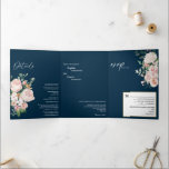 Blush Floral Navy Tri-Fold Wedding Invitation Drieluik Uitnodiging<br><div class="desc">Deze bloedige drieledige huwelijksuitnodiging met een blote vorm kenmerkt de prachtige klassieke kerkelijke achtergronden van pastelroze en marineblauw met eenvoudige moderne typografie en elegante kalligrafie om een verfijnde toon te zetten voor elke stijl van gebeurtenissen. Elk product is voorzien van prachtige blush roze rozen en perzik en ivoor hydrangeas, die...</div>