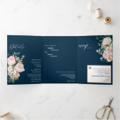 Blush Floral Navy Tri-Fold Wedding Invitation Drieluik Uitnodiging (Binnen)