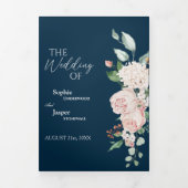 Blush Floral Navy Tri-Fold Wedding Invitation Drieluik Uitnodiging (Cover)