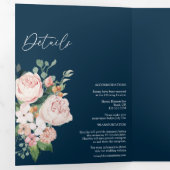 Blush Floral Navy Tri-Fold Wedding Invitation Drieluik Uitnodiging (Binnenzijde eerst)