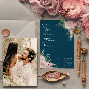 Blush Floral Navy We doen Foto Weddenschap Kaart