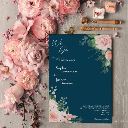 Blush Floral Navy We wedden de uitnodiging