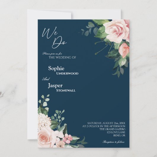 Blush Floral Navy We wedden de uitnodiging (Voorkant)