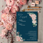 Blush Floral Navy We zijn een uitnodiging. Kaart<br><div class="desc">Deze bloedige marine die we hier gebruiken, is voorzien van een prachtig, klassieke kerkachtergrond van pastelroze en marineblauw met eenvoudige moderne typografie en elegante kalligrafie om een geavanceerde toon aan te geven voor elke soort gebeurtenis. Elk product is voorzien van prachtige blush roze rozen en perzik en ivoor hydrangeas, die...</div>
