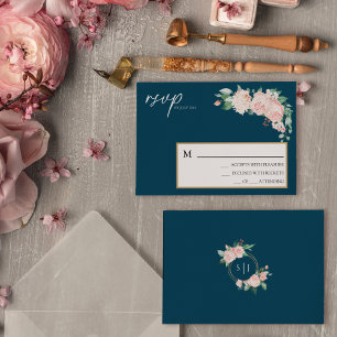 Blush Floral Navy Weddenschap Simple RSVP Card