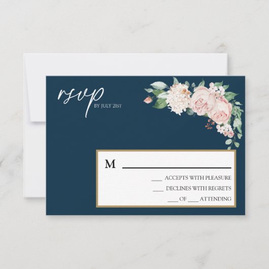 Blush Floral Navy Weddenschap Simple RSVP Card Kaartje (Voorkant)