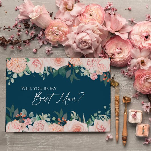 Blush Floral Navy Wedding Best Man proposal Kaart