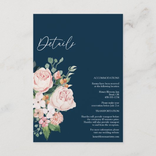 Blush Floral Navy Wedding Details Enclosure Kaart (Voorkant)