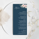 Blush Floral Navy Wedding Flat Menu<br><div class="desc">Dit bloedige platte menuontwerp van de brute marinejager biedt een prachtige, klassieke achtergrond van pastelroze en marineblauw met eenvoudige moderne typografie en elegante kalligrafie om een geavanceerde toon aan te geven voor elke stijl van gebeurtenissen. Elk product is voorzien van prachtige blush roze rozen en perzik en ivoor hydrangeas, die...</div>