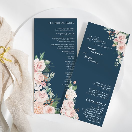 Blush Floral Navy Wedding Flat Program Programmakaart