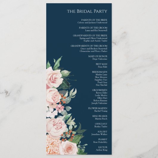 Blush Floral Navy Wedding Flat Program Programmakaart (Achterkant)