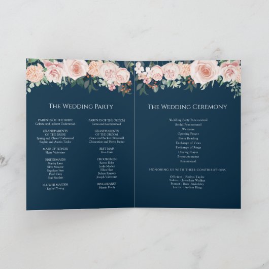 Blush Floral Navy Wedding Folded Programme Programma (Binnen)