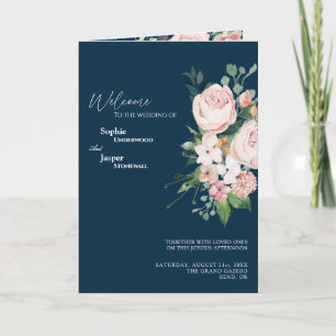 Blush Floral Navy Wedding Folded Programme Programma