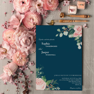 Blush Floral Navy Wedding Invitation Kaart