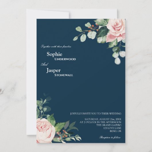 Blush Floral Navy Wedding Invitation Kaart (Voorkant)