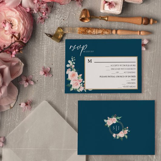 Blush Floral Navy Wedding Menu RSVP-kaart