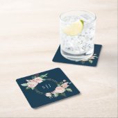 Blush Floral Navy Wedding Monogram Kartonnen Onderzetters (Insitu)