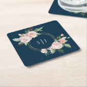 Blush Floral Navy Wedding Monogram Kartonnen Onderzetters (Schuin)