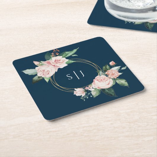 Blush Floral Navy Wedding Monogram Kartonnen Onderzetters (Schuin)