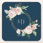 Blush Floral Navy Wedding Monogram Kartonnen Onderzetters (Voorkant)