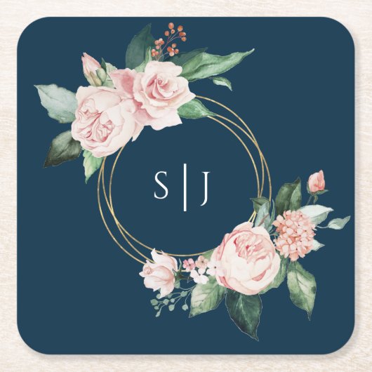 Blush Floral Navy Wedding Monogram Kartonnen Onderzetters (Voorkant)