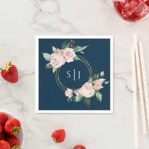 Blush Floral Navy Wedding Monogram Napkins Servet