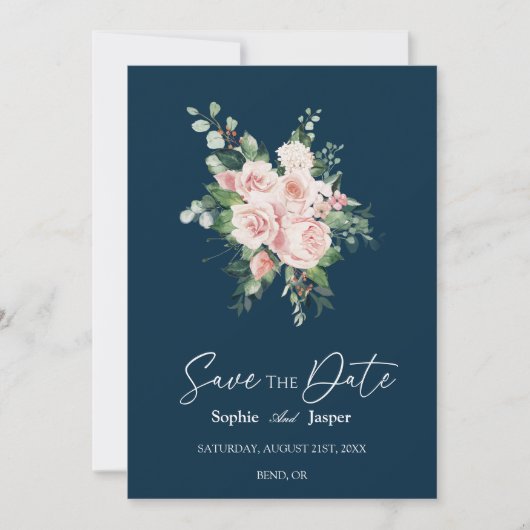 Blush Floral Navy Wedding Save the Date (Voorkant)