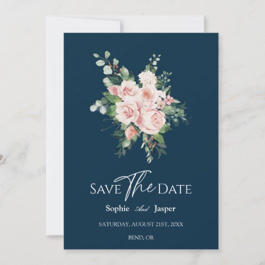 Blush Floral Navy Wedding Save the Date Kaart (Voorkant)