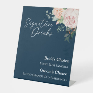 Blush Floral Navy Wedding Signature Drink Sign Reclamebord Met Voetstuk