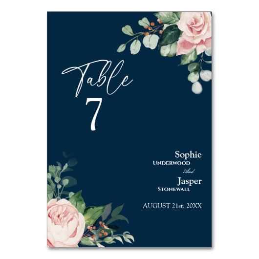 Blush Floral Navy Wedding Table Number Kaart (Achterkant)