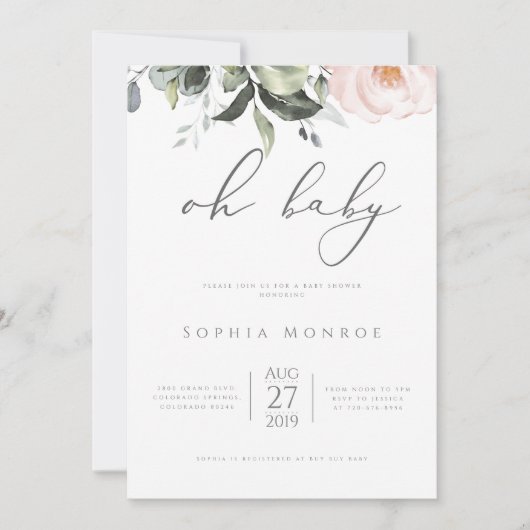 Blush Floral Oh Baby shower Uitnodiging (Voorkant)