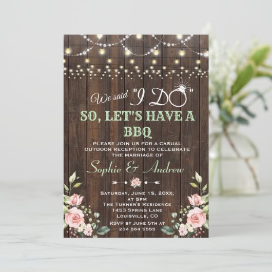 Blush Floral Old Barn String Lights na I DO BBQ Kaart (Staand voorkant)