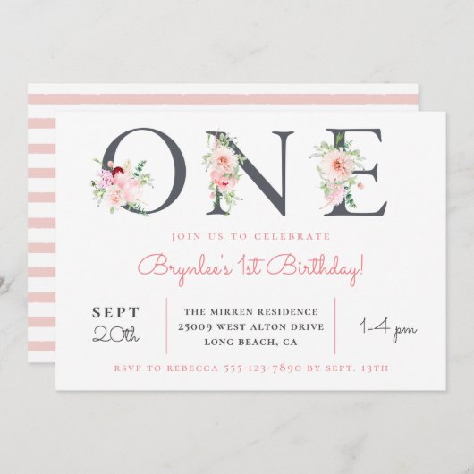 Blush Floral ONE | 1e verjaardag Kaart (Voorkant / Achterkant)