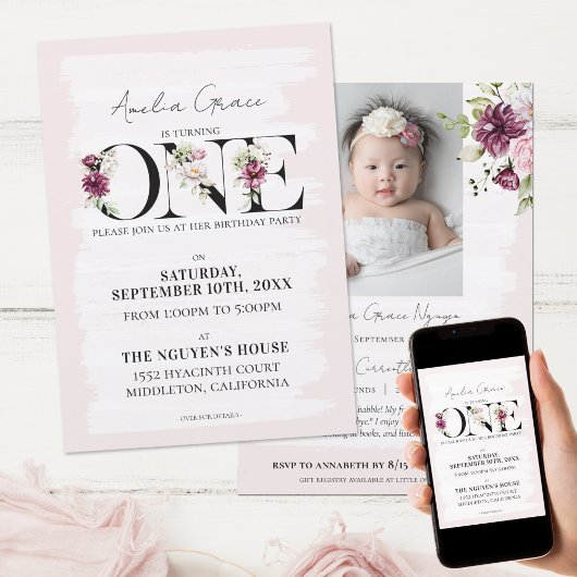  Blush Floral ONE Baby Girl's First Birthday Kaart