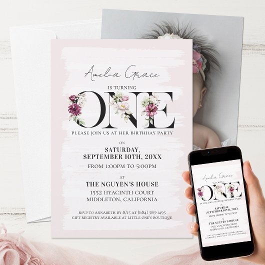  Blush Floral ONE Baby Girl's First Birthday Kaart