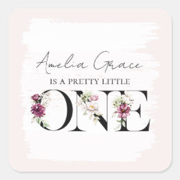  Blush Floral ONE Baby Girl's First Birthday Vierkante Sticker