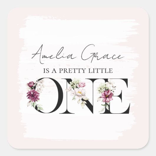  Blush Floral ONE Baby Girl's First Birthday Vierkante Sticker (Voorkant)